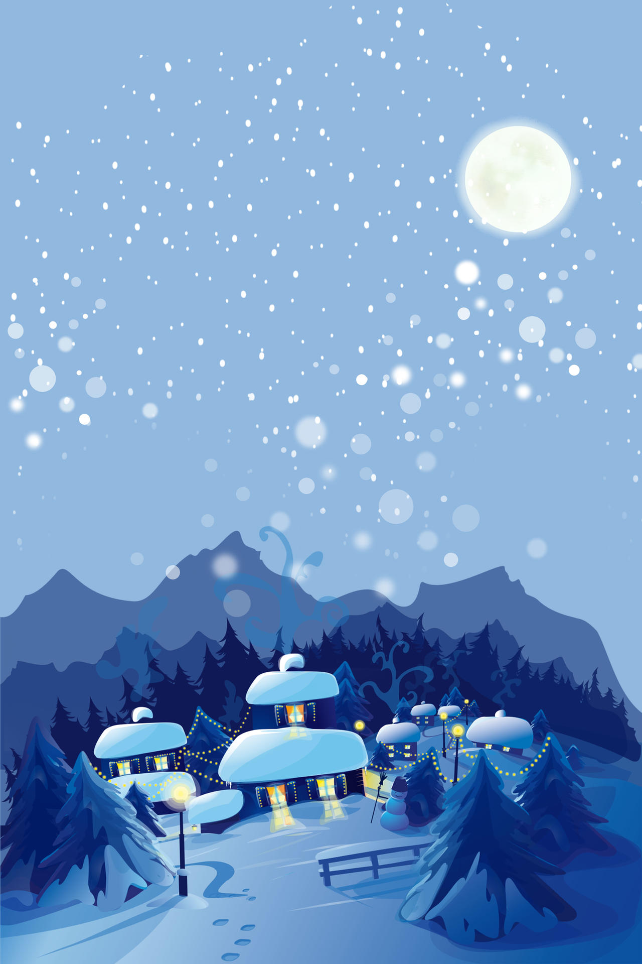 大寒小寒冬天冬至手绘蓝色大雪冬日月亮松树雪山背景模板