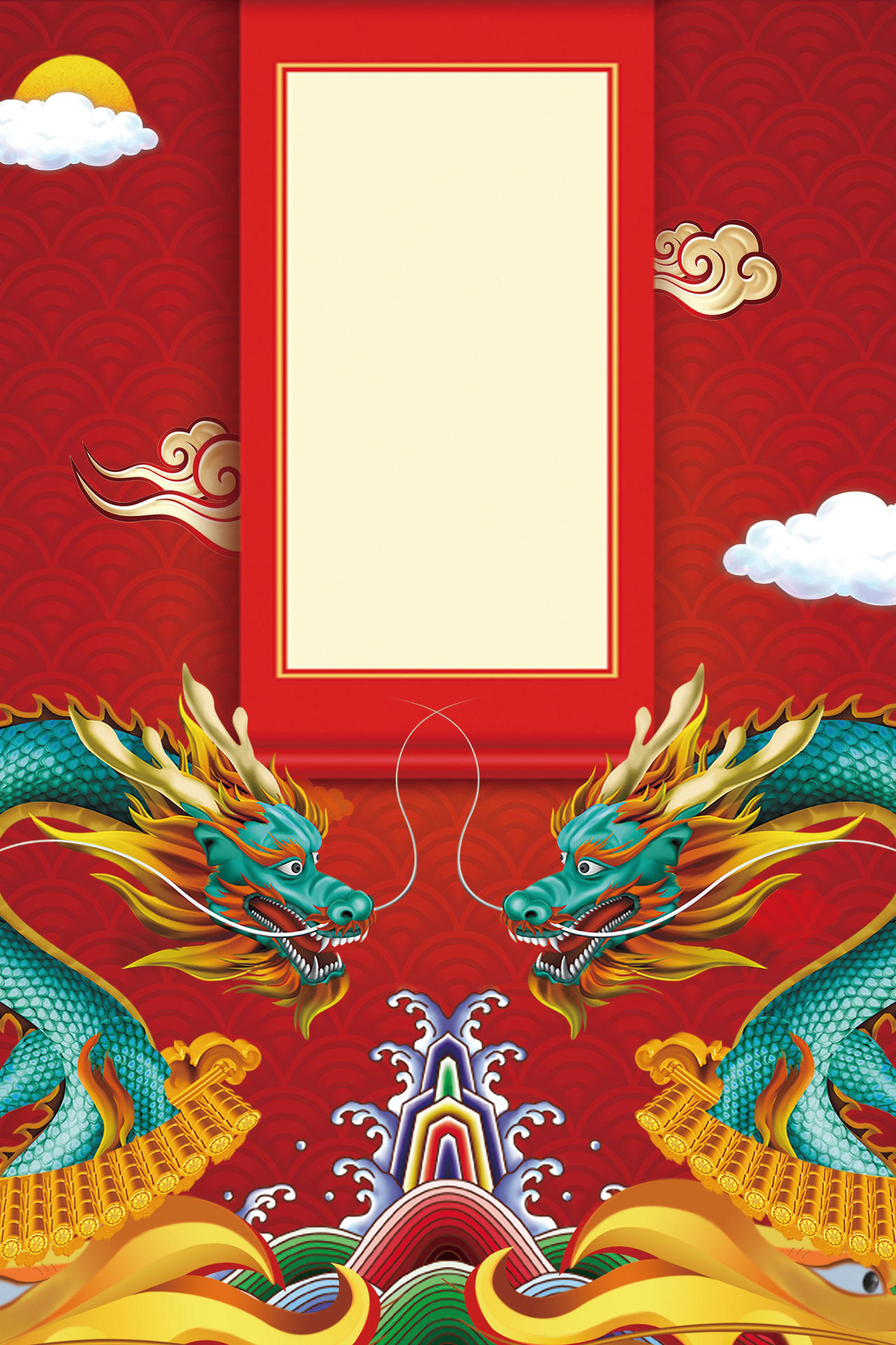 双龙戏水龙抬头二月二传统节日红色海报背景