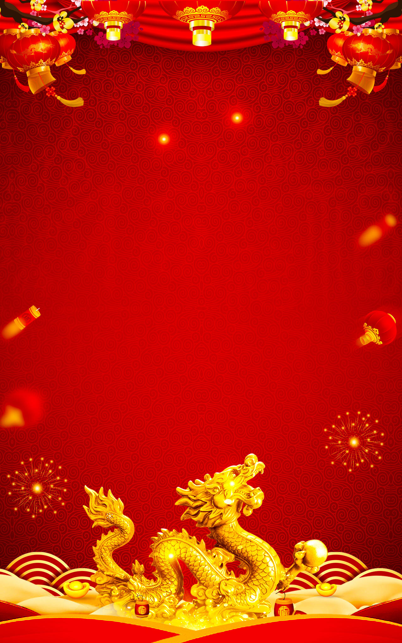 金龙立体雕刻龙抬头二月二传统节日红色海报背景