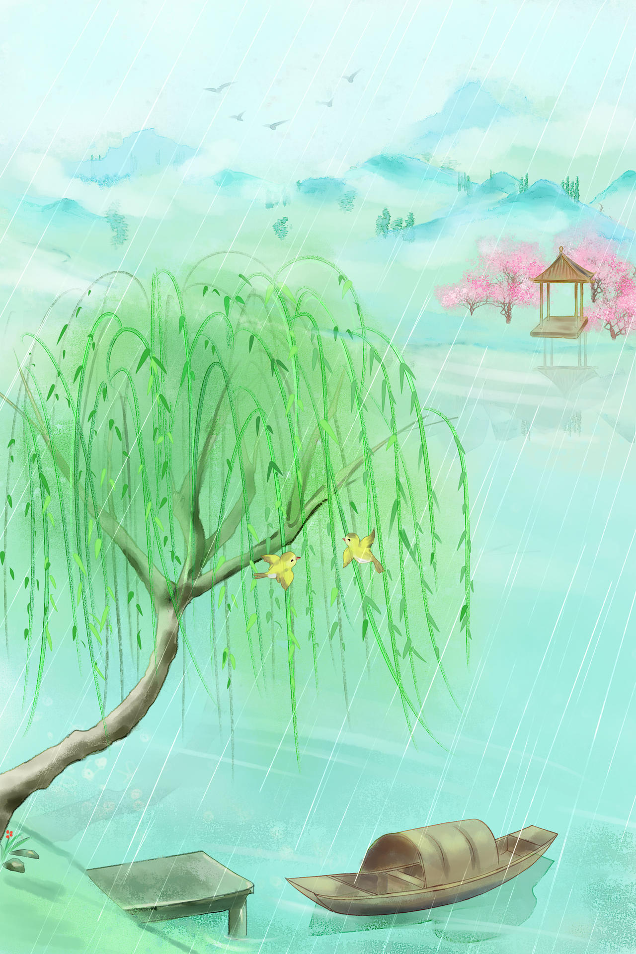 水彩河边小船柳树黄鹂谷雨二十四节气淡绿色海报背景