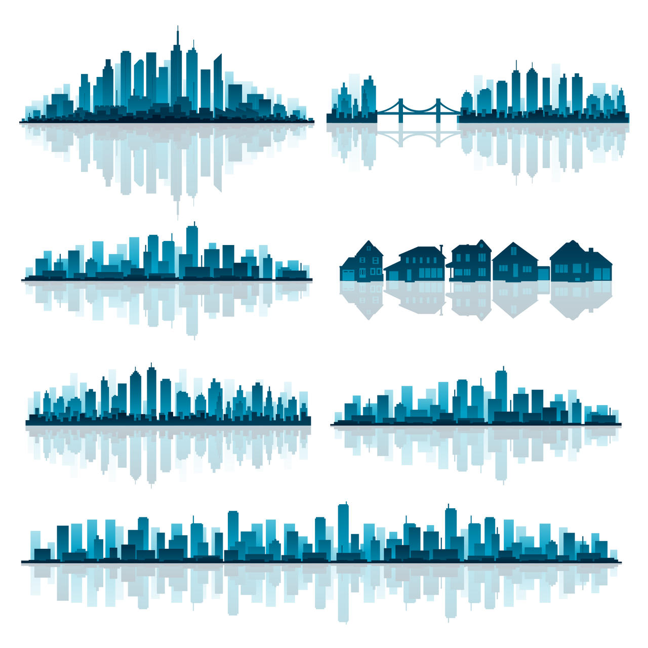 城市剪影蓝色未来科技建筑城市生活大厦都市高层公寓矢量图