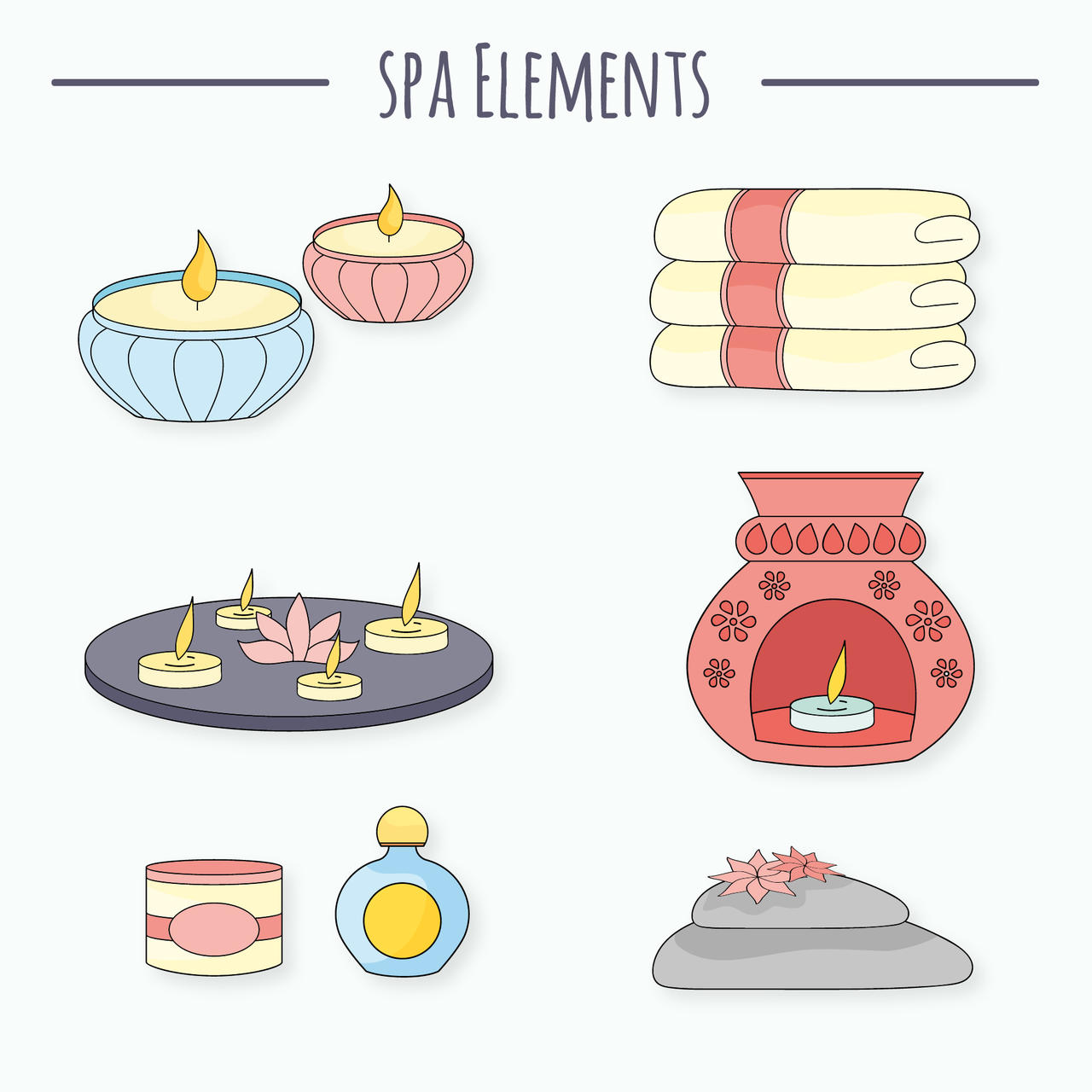 香薰毛巾蜡烛美容用具养生spa水疗矢量图