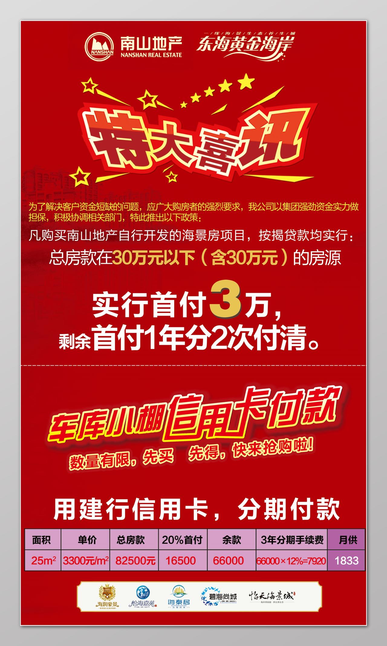 红色喜庆特大喜讯房地产分期付款促销海报
