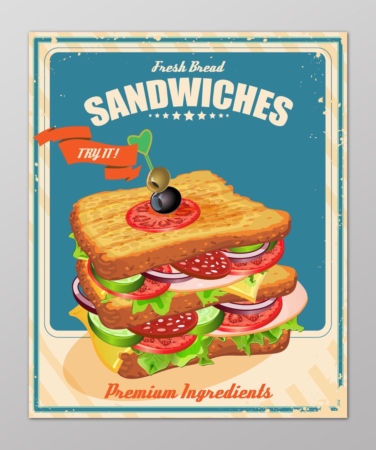 复古精致手绘三明治食品安全英文海报