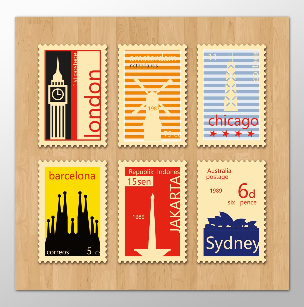 复古国外经典邮票伦敦芝加哥巴塞罗那简约