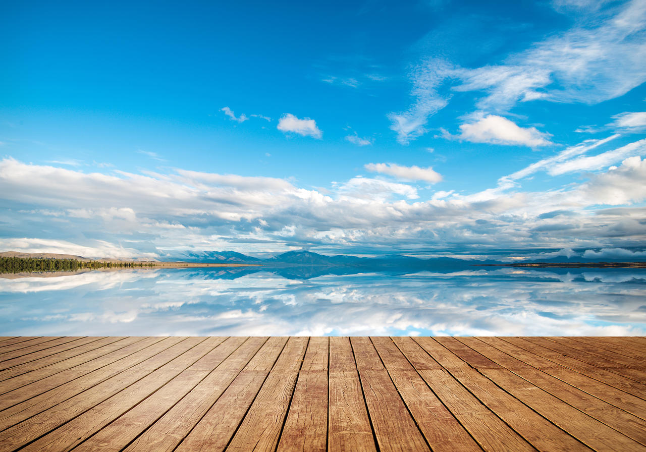 木质蓝天白云天空木板湖泊背景