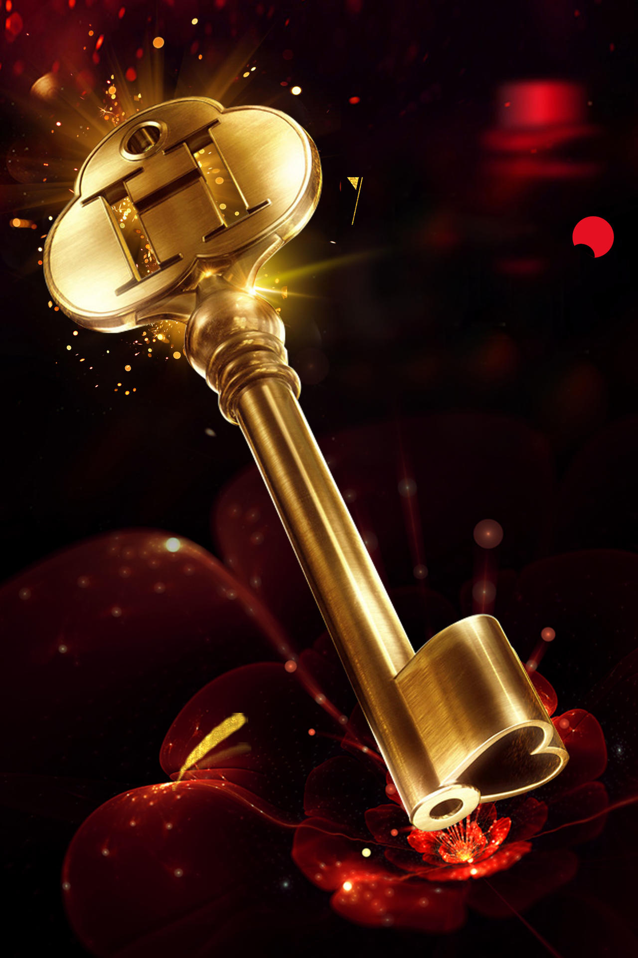 金色钥匙花朵红色商务办公招商海报
