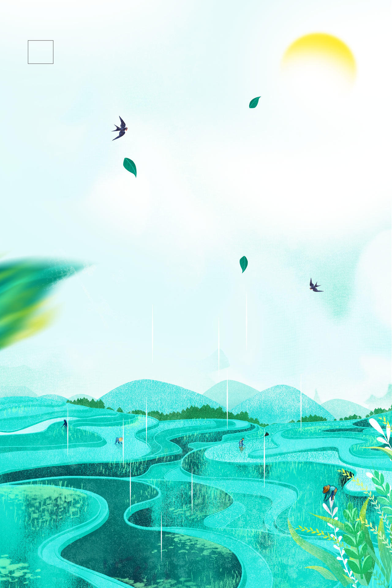 蓝色清新雨水山川二十四节气燕子树叶传统节日海报背景