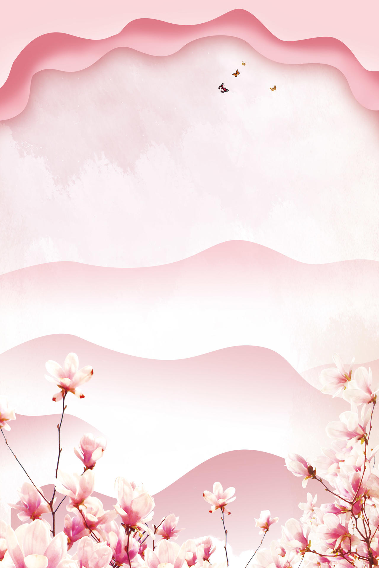 蝴蝶远山玉兰花樱花节旅游宣传粉色海报背景