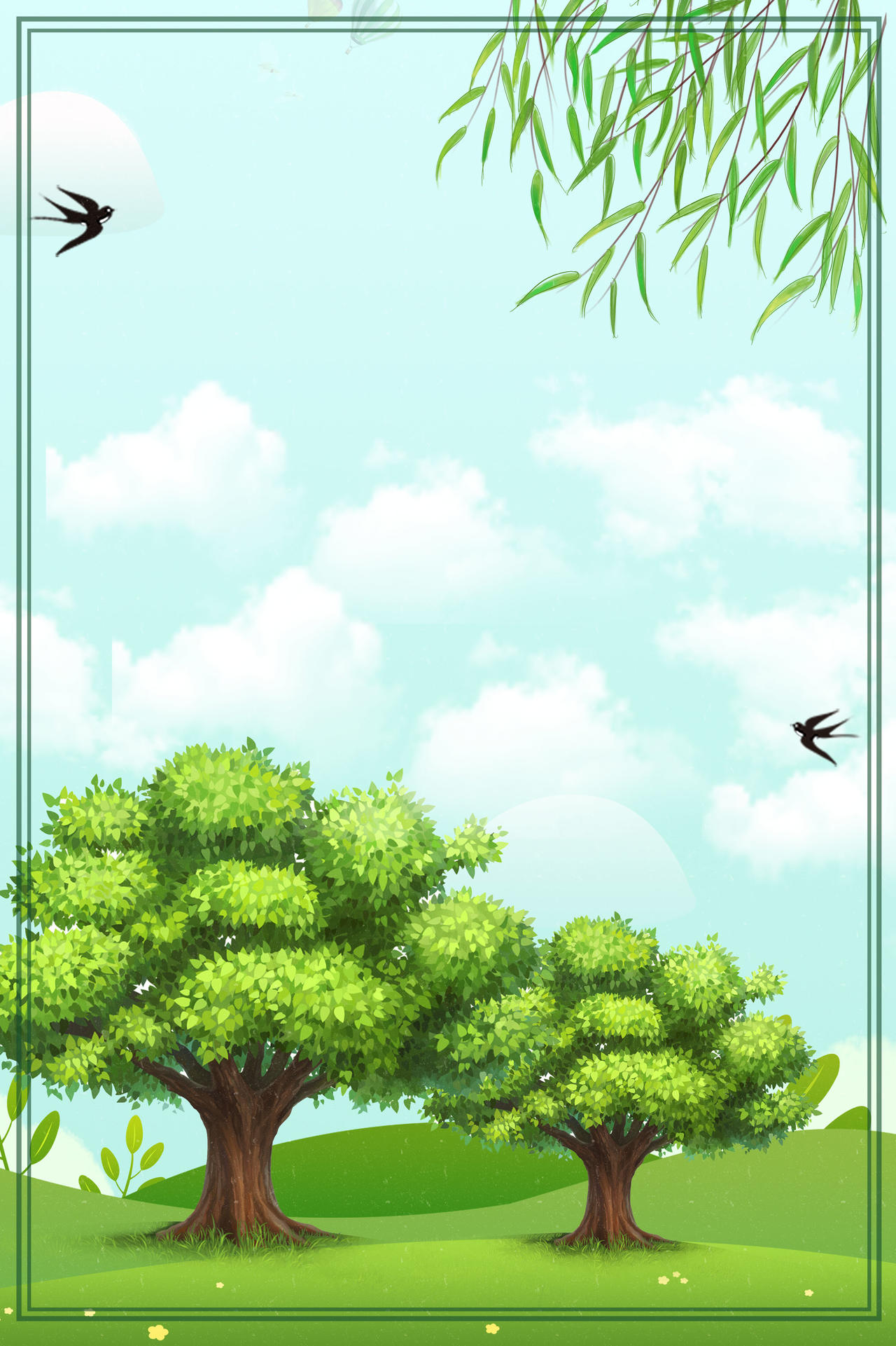 燕子蓝天树木插画312植树节公益海报绿色背景素材