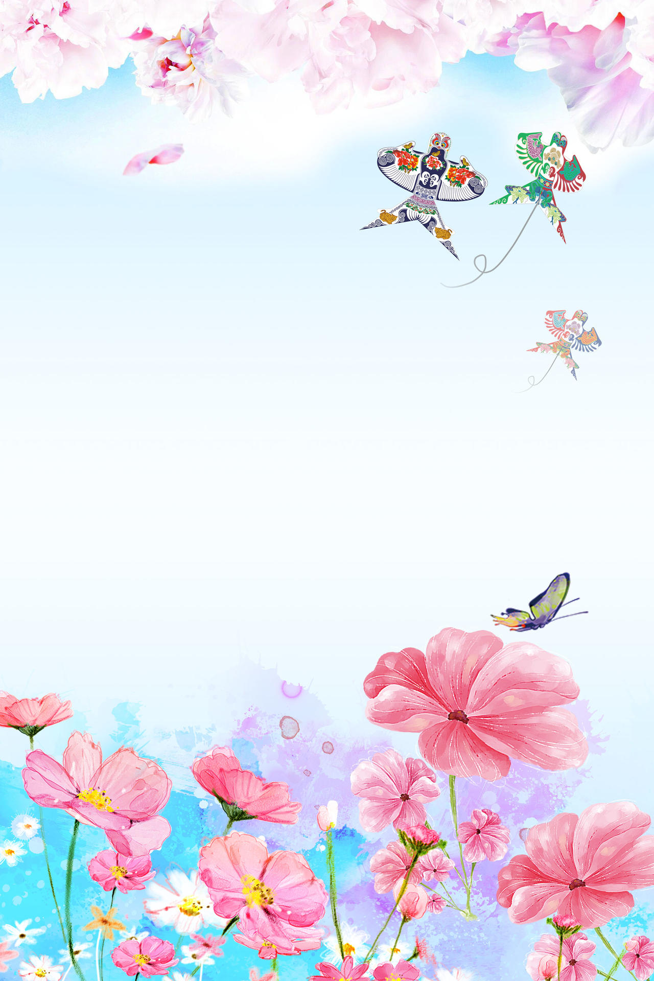 水彩鲜花飞舞风筝节文化粉色海报背景