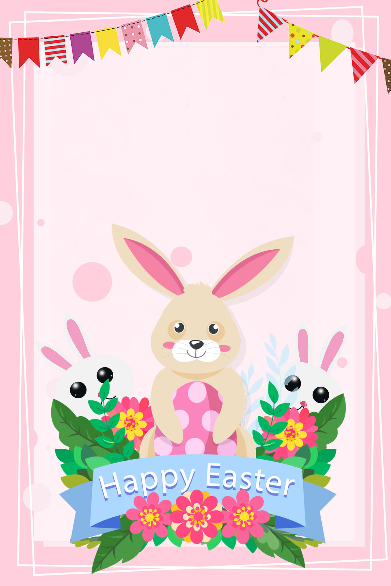 彩色旗可爱卡通小兔4月16日复活节节日促销海报粉色背景素材
