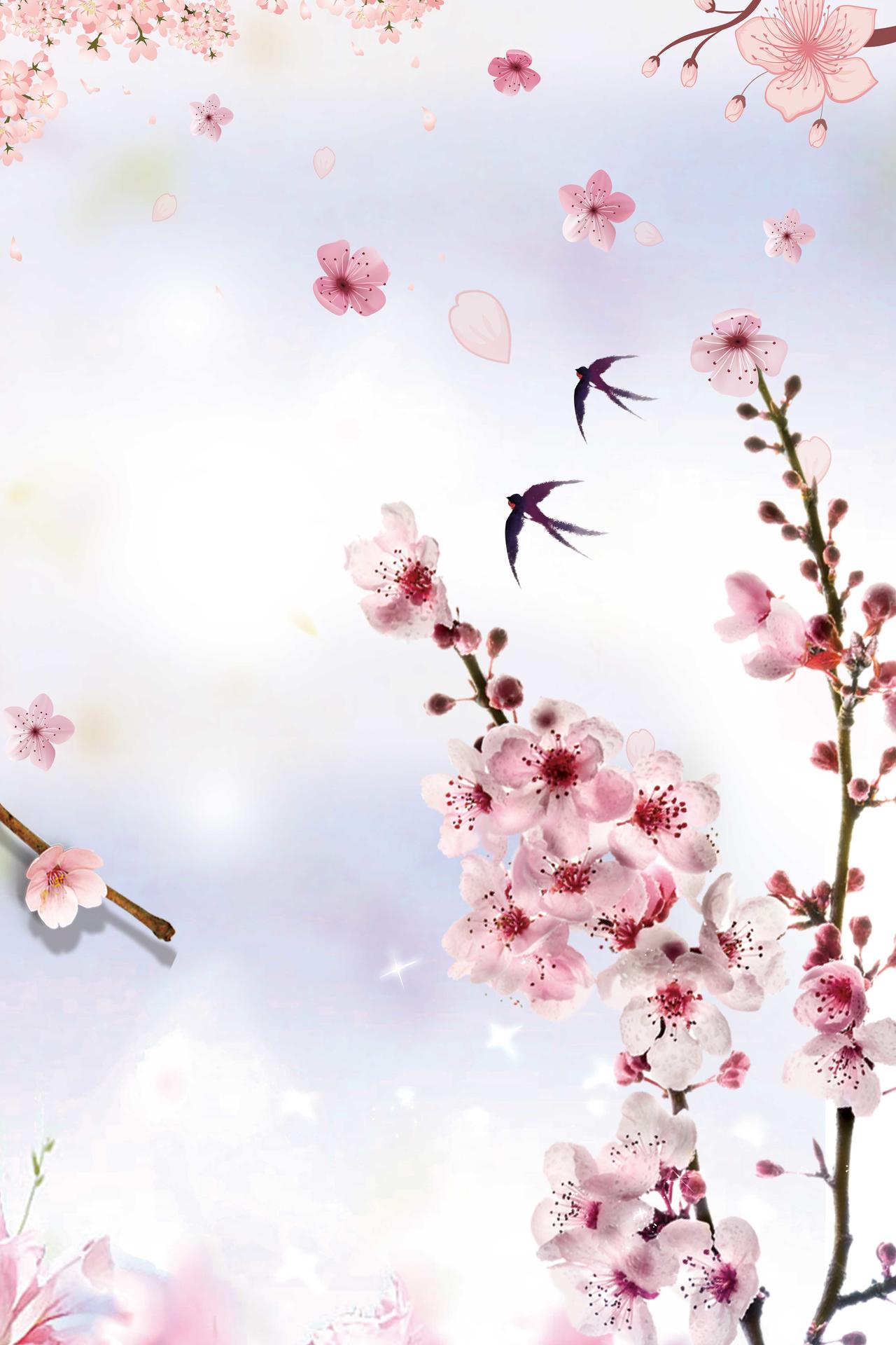 桃花实拍合成海报燕子桃花节旅游宣传海报粉色背景素材
