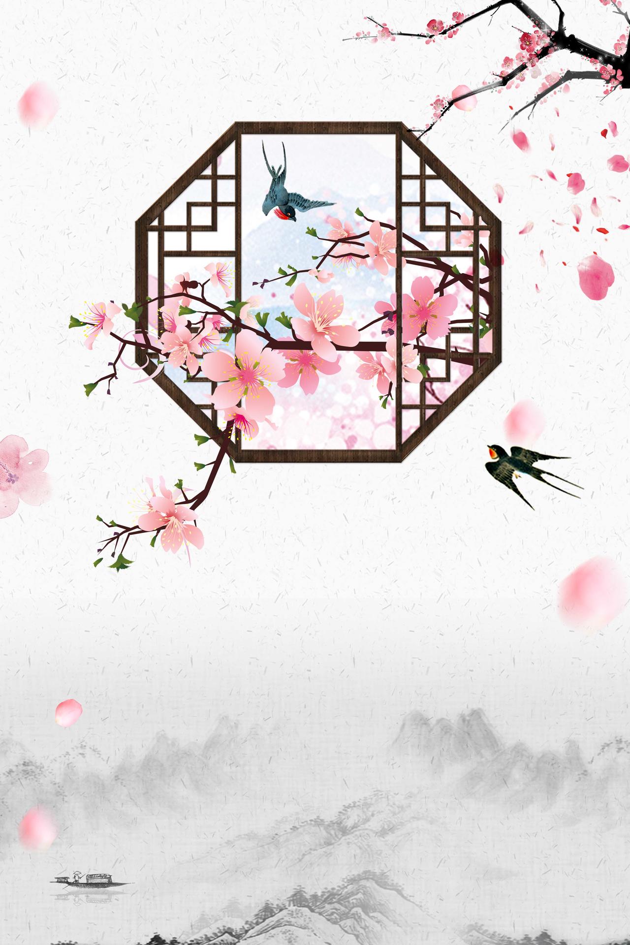水墨山水画古风燕子桃花节旅游宣传海报背景素材