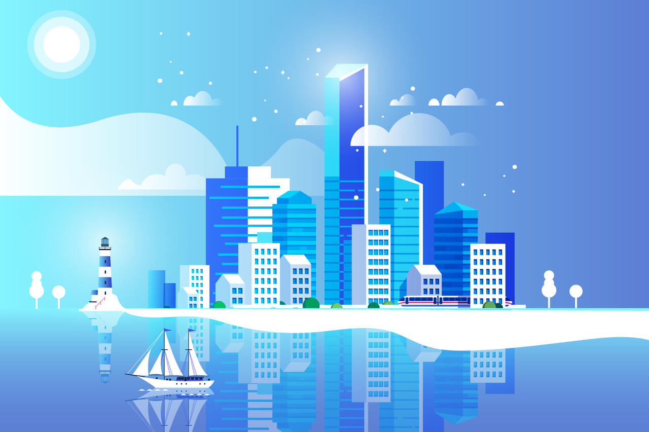城市剪影蓝色海岸建筑城市生活大厦都市高层公寓矢量图