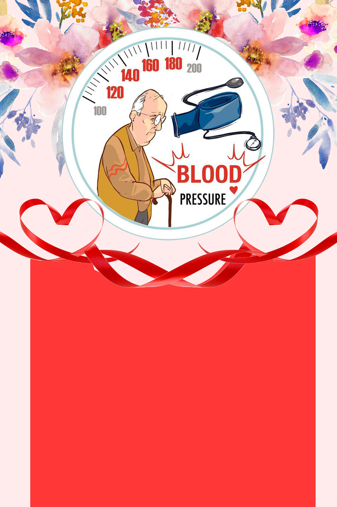 卡通手绘老爷爷血压表花朵世界高血压日节日红色海报背景