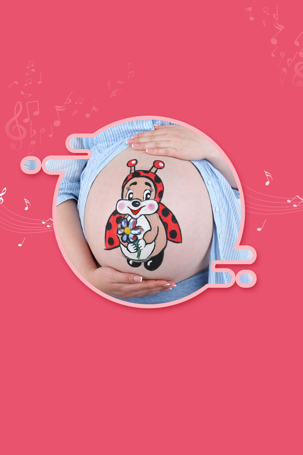 孕妈肚子上的可爱图案胎教知识红色背景海报