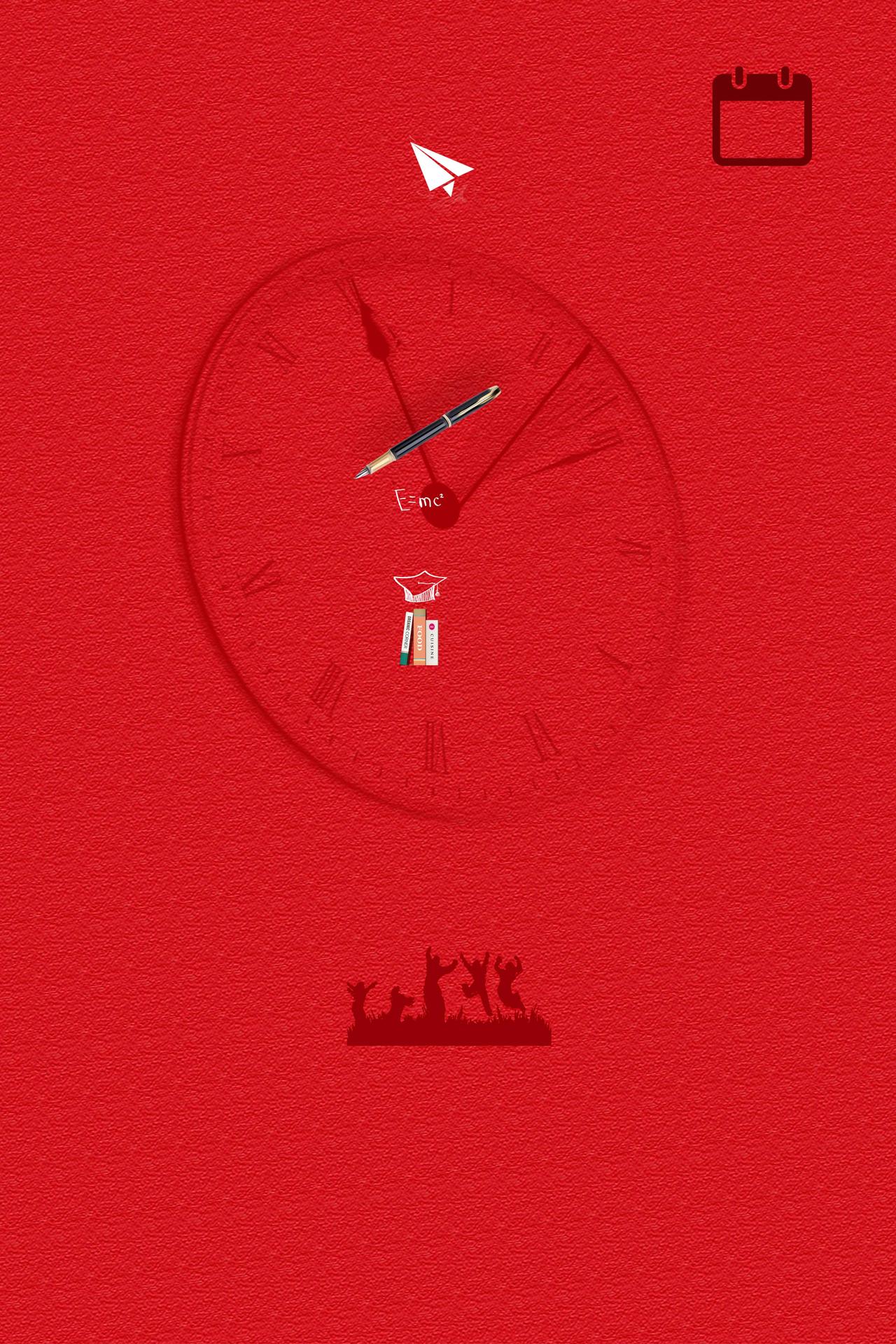 红色人物钟表卡通高考加油决战高考激励倒计时海报背景