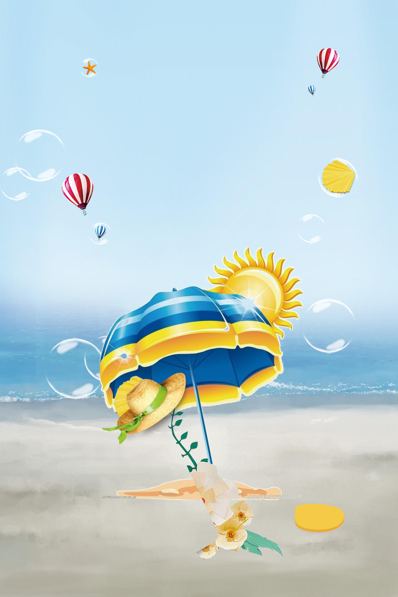 可爱卡通遮阳伞沙滩肥皂泡美容化妆品防晒霜蓝色海报背景