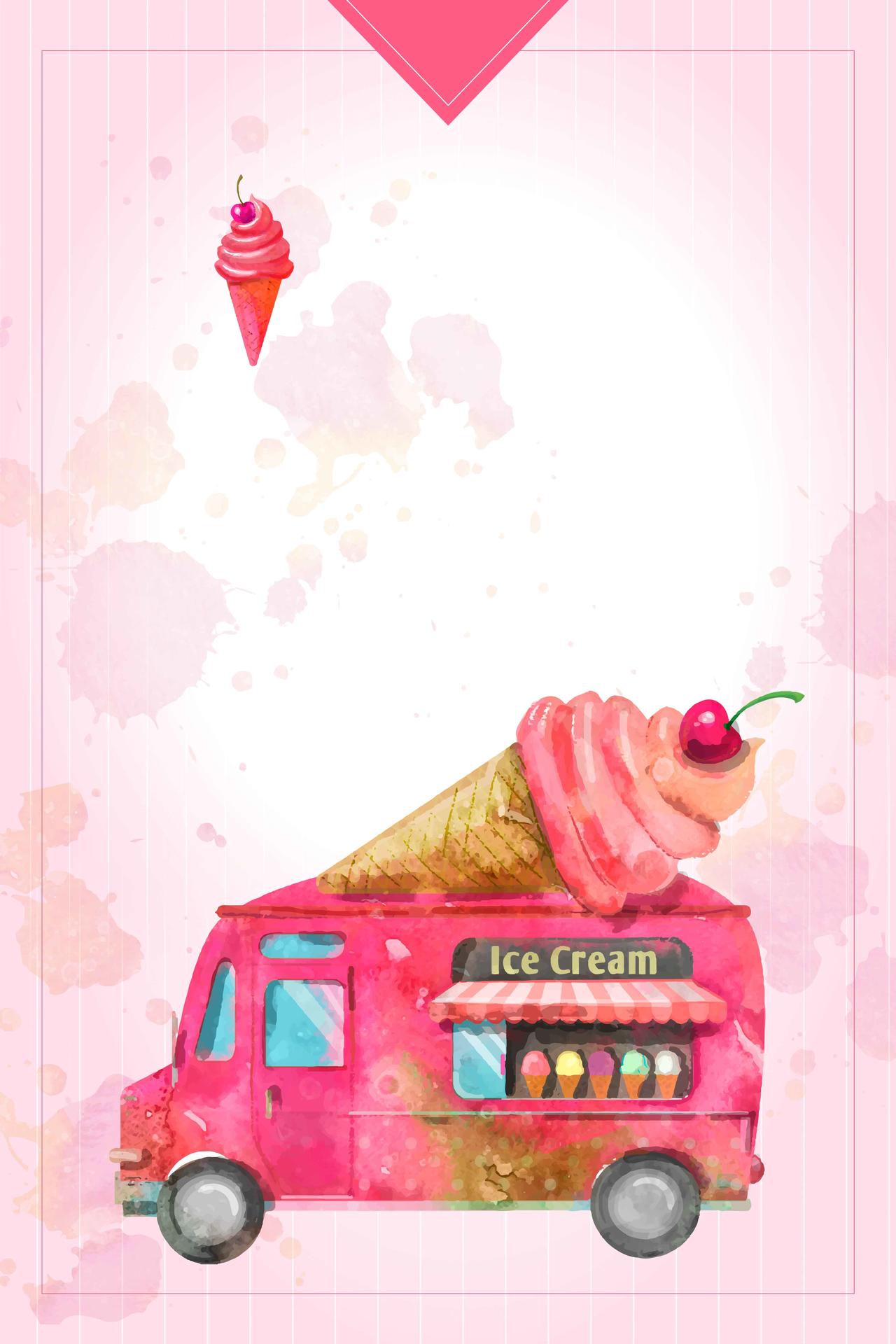 夏天粉红手绘边框汽车美食卡通冰淇淋雪糕促销海报背景展板