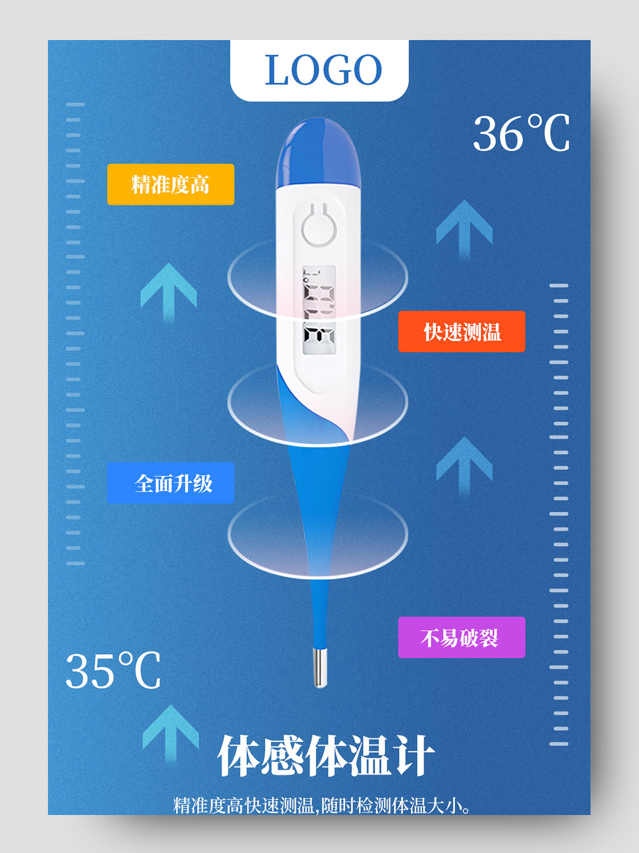 深蓝色科技感体感温度计测温计体温计详情页