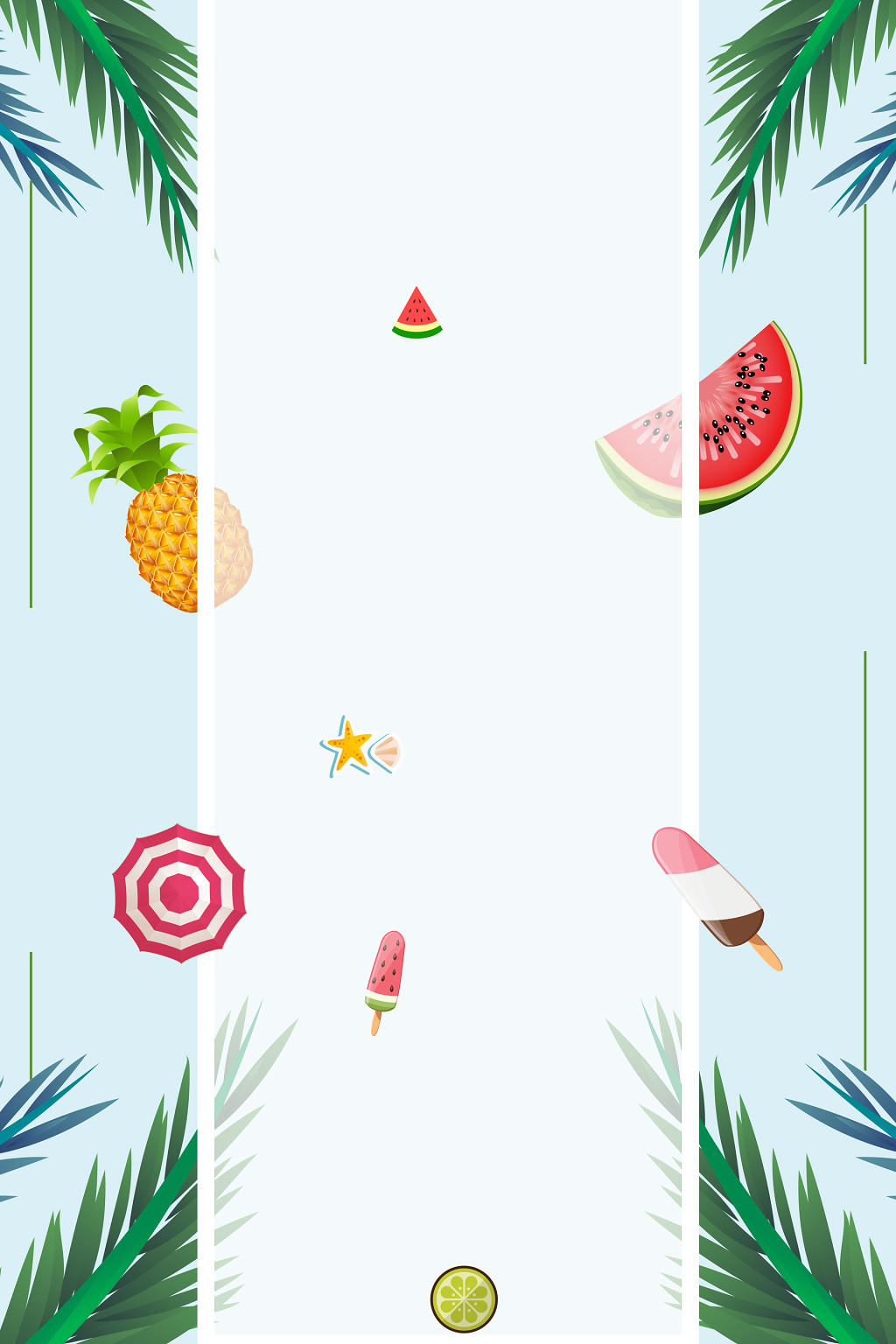 卡通手绘树叶西瓜冰淇淋夏天蓝色海报背景