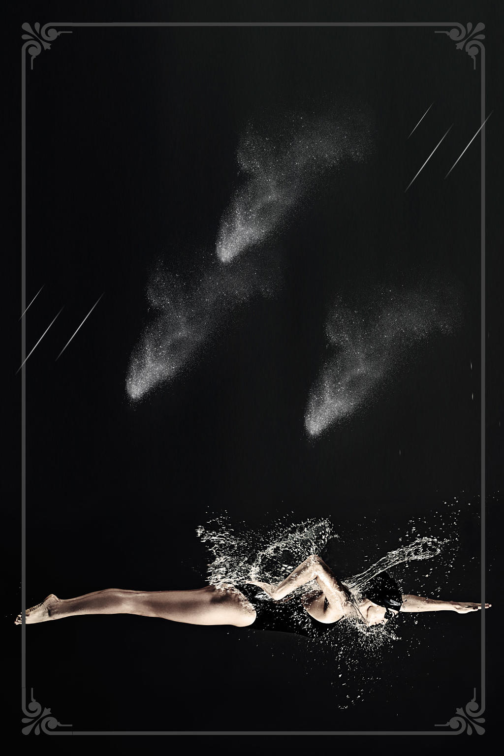 水中男子健身游泳宣传黑色背景边框海报