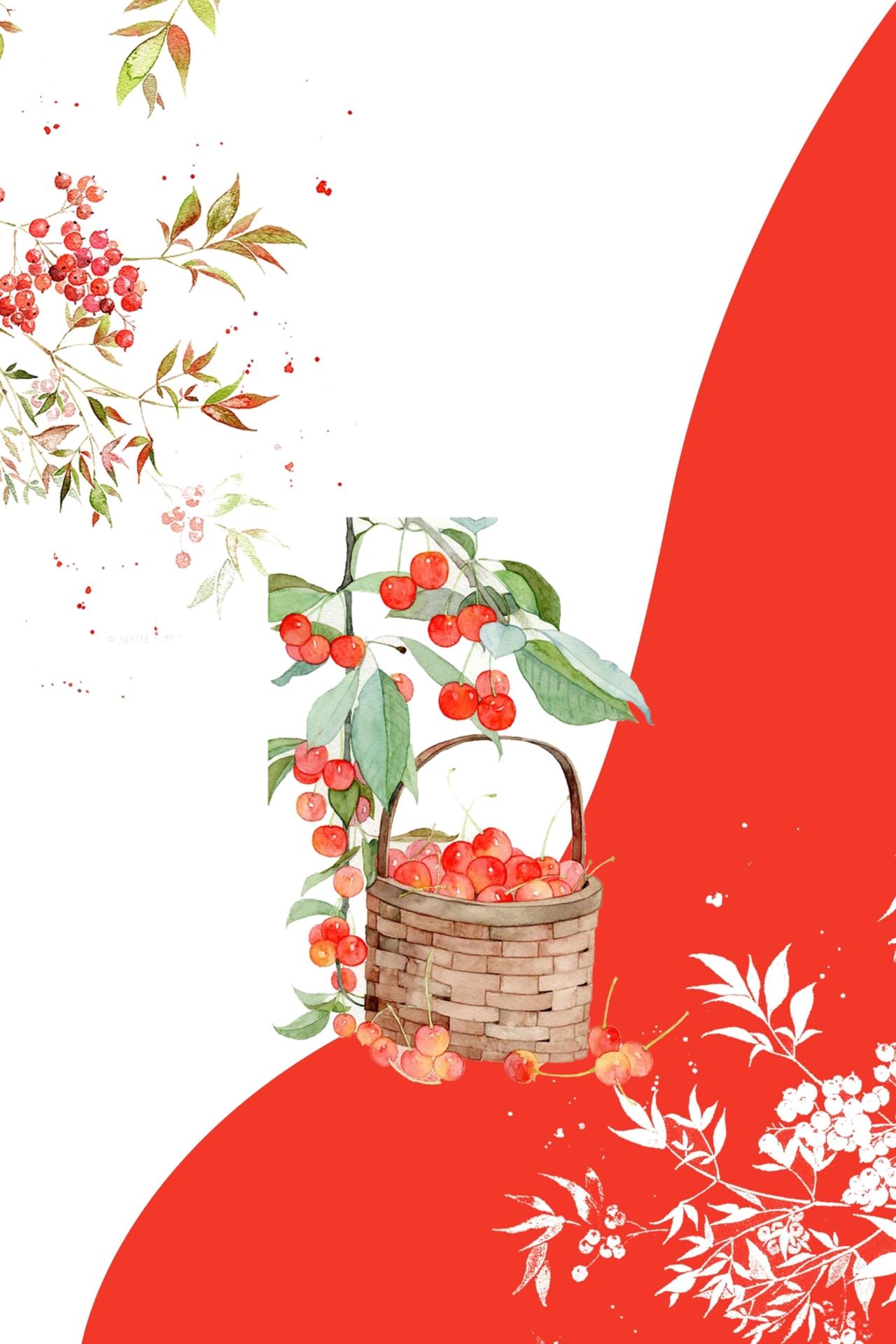 手绘红白花草绿叶矩形简约清新中国风樱桃车厘子水果宣传海报背景