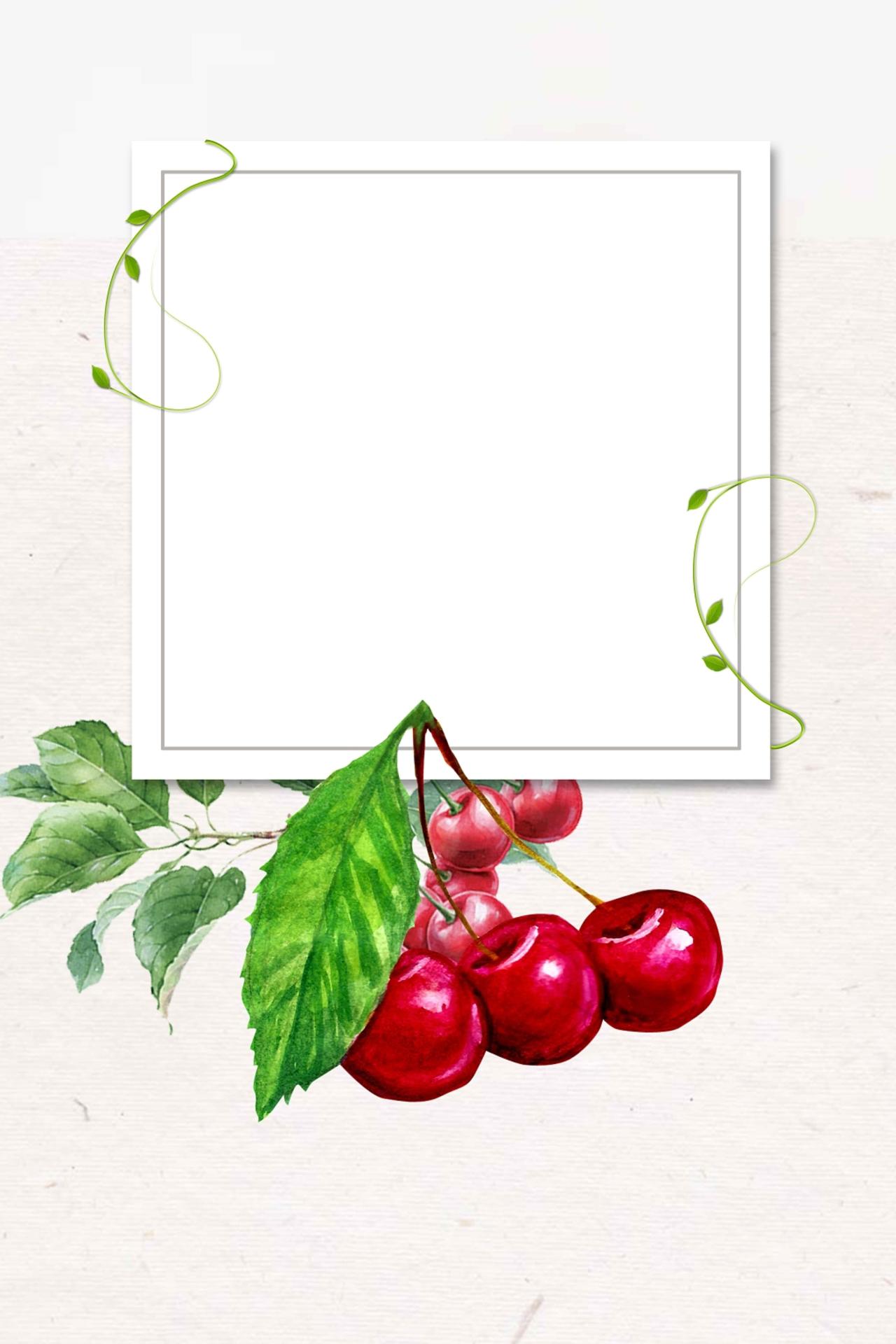 边框红白手绘绿叶清新樱桃车厘子水果海报背景