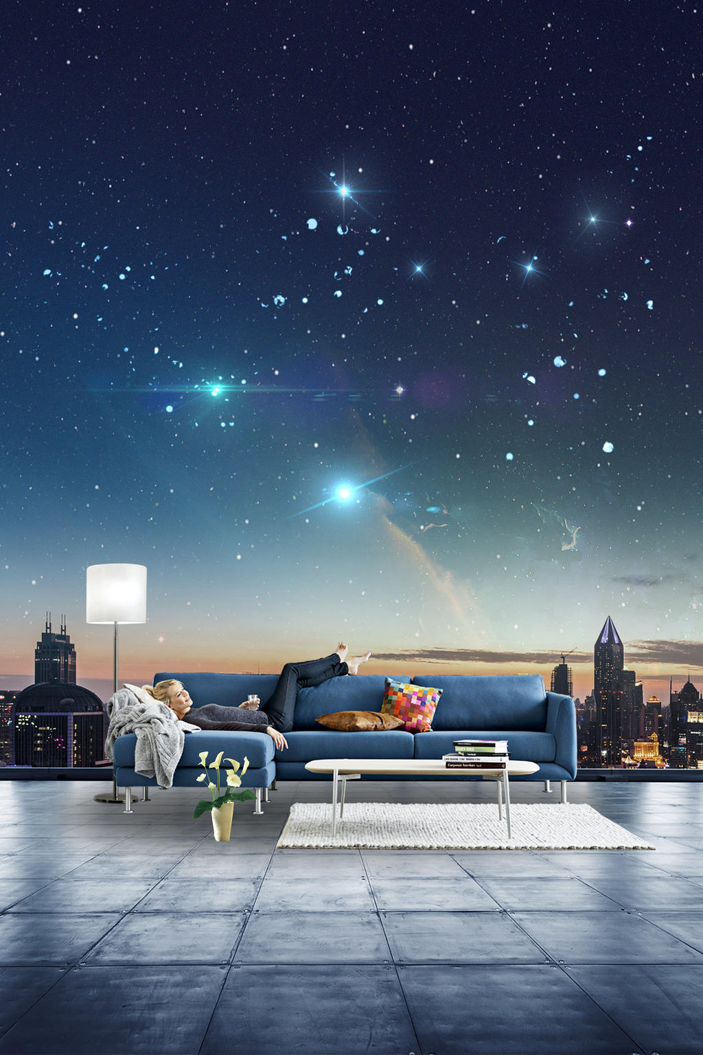 蓝色星空创意房产中介看房沙发茶几星星宣传海报