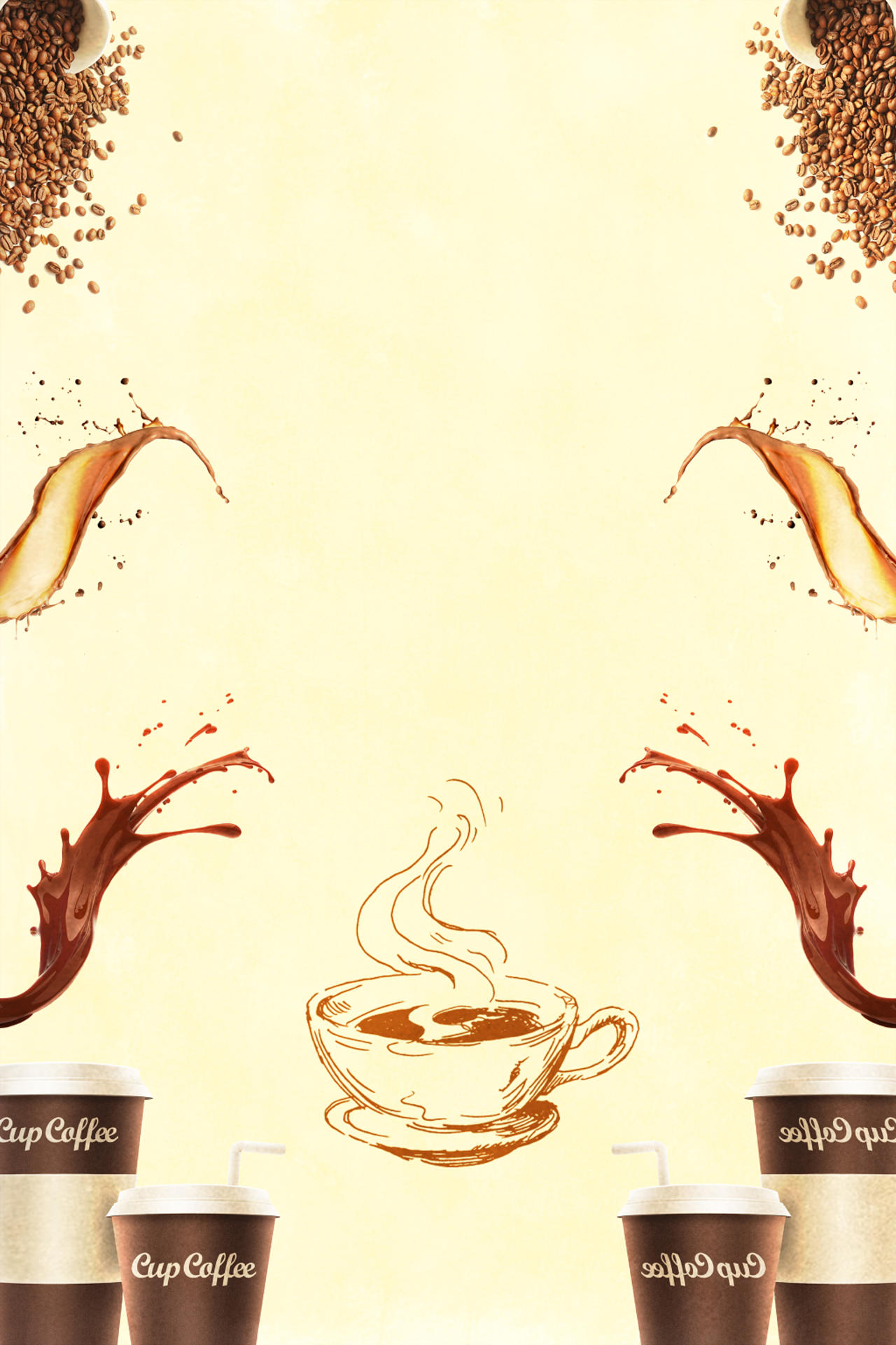 大气优雅手绘线条黄色咖啡饮料招聘海报背景