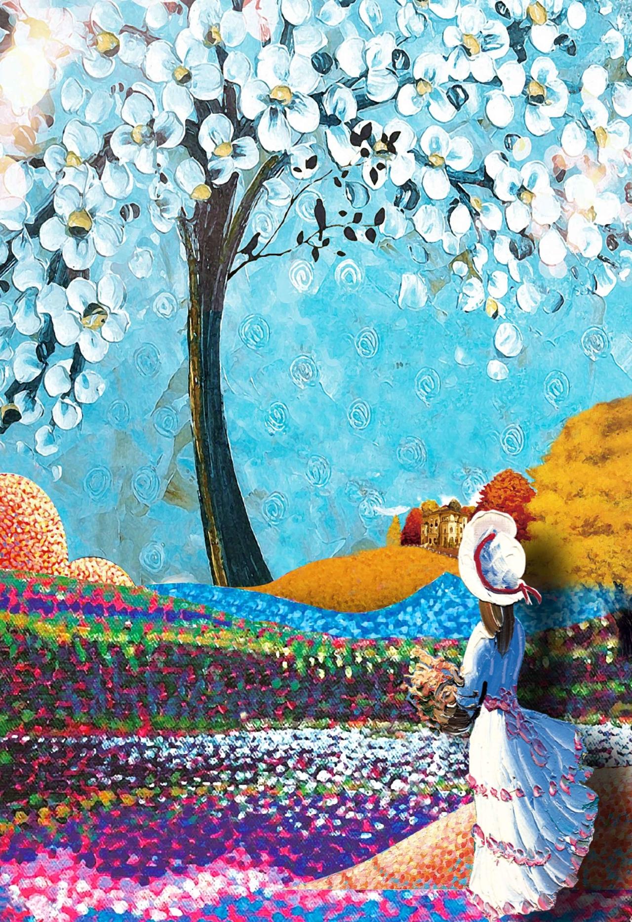 蓝色花草人物风景水彩线条手绘美术油画招生培训海报背景