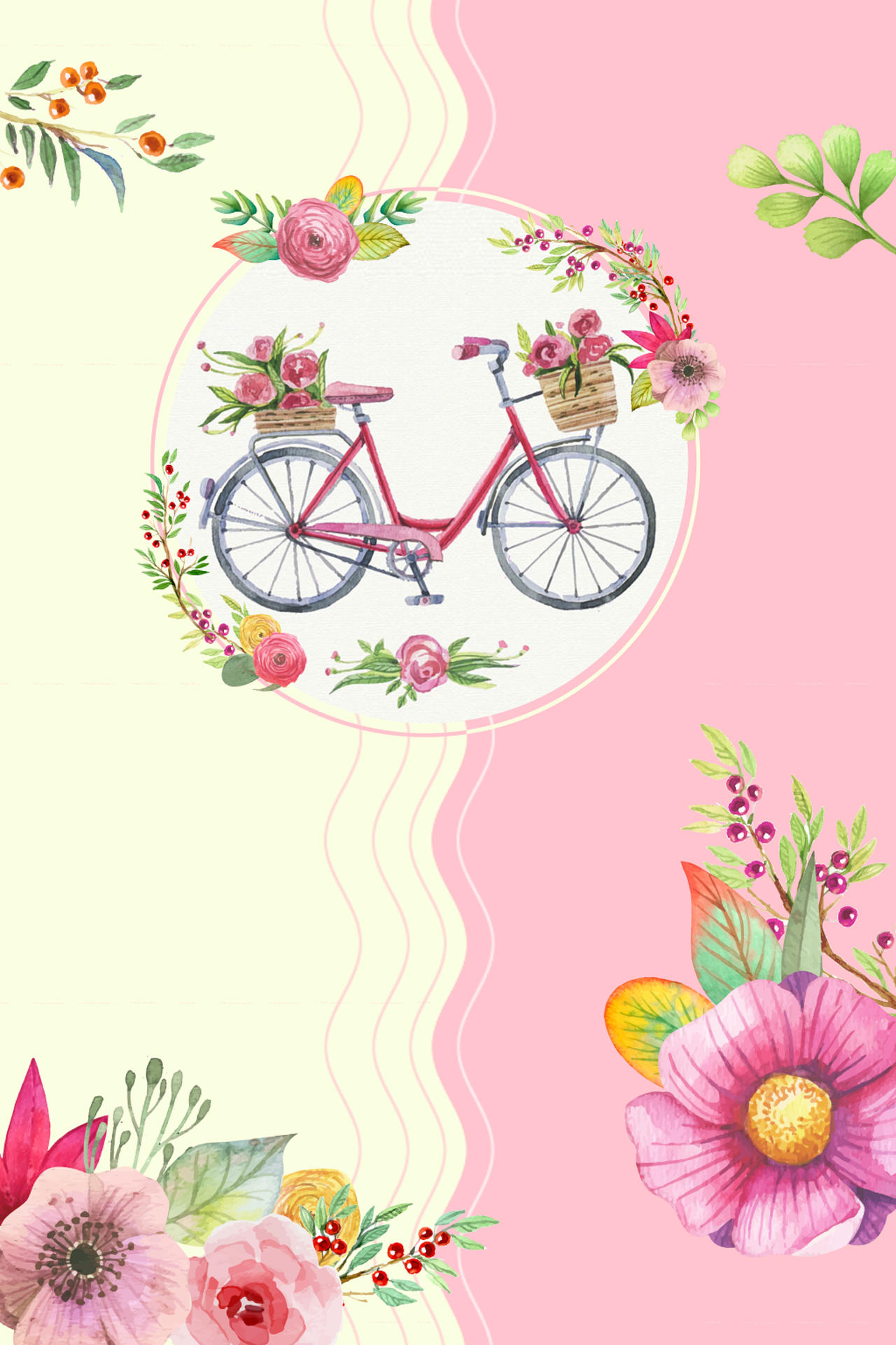 清新黄色粉色花卉自行车浪漫七月你好7月海报背景