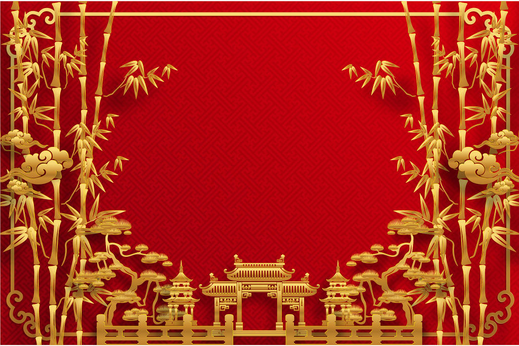 春节红色中国风新年喜庆金色竹子边框矢量素材