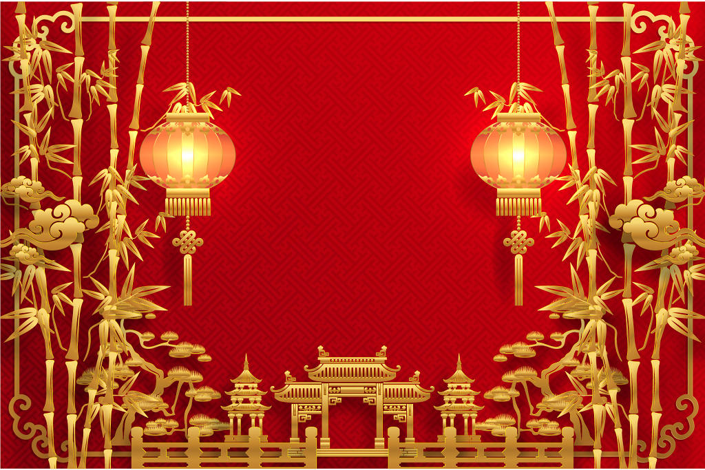 春节红色中国风新年喜庆灯笼竹子边框矢量素材