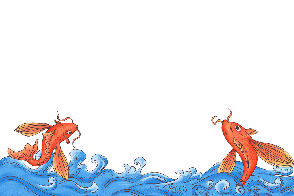 国潮中国风彩色海浪金鱼素材插画