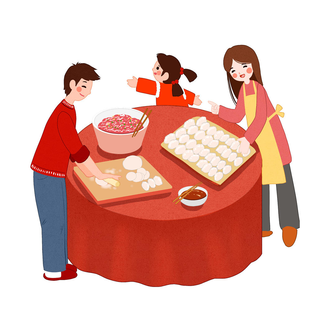 新年主题鼠年亲子一家人插画春节包饺子插画
