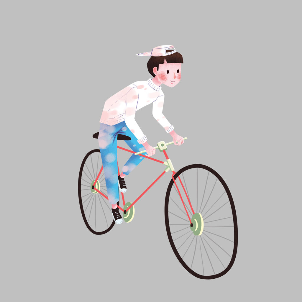 男孩踏春骑行自行车插画