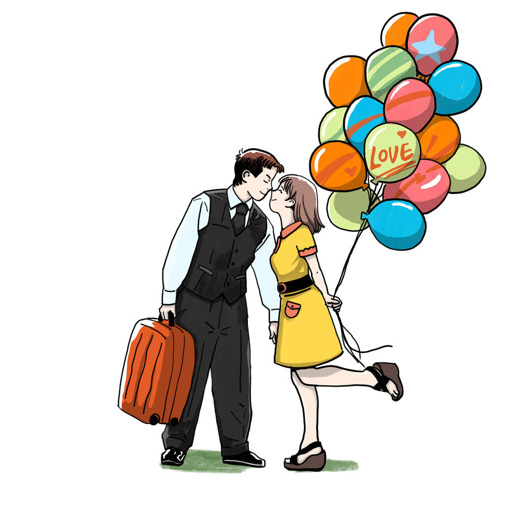 浪漫卡通情侣情人节气球亲吻插画素材