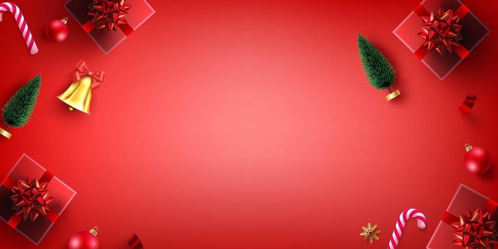 红色礼品盒圣诞树铃铛圣诞节矢量展板背景