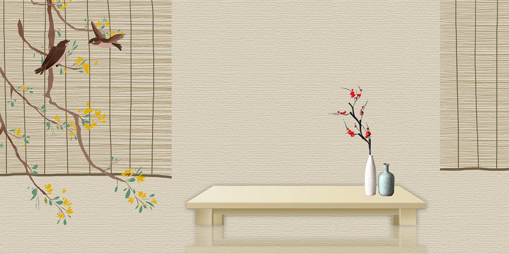 米色复古中国风工笔画花枝鸟背景