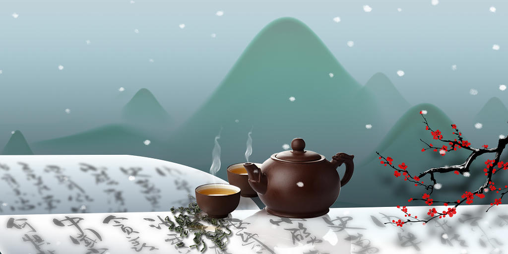 简约山水雪景花枝茶壶冬天冬季大寒展板背景