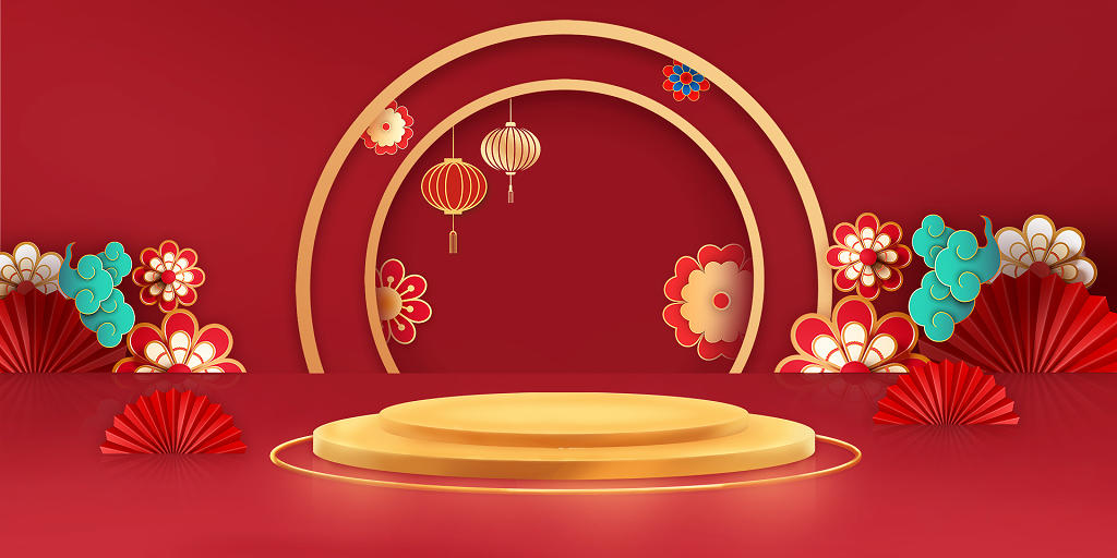 红色立体新年春节过年新春喜庆氛围展板背景