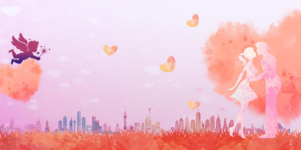 粉色水墨爱心情侣城市丘比特情人节214情人节背景