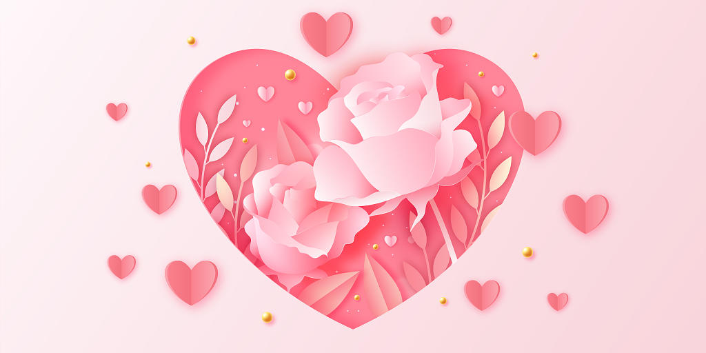 520浪漫情人节粉色玫瑰花折纸爱心彩带背景