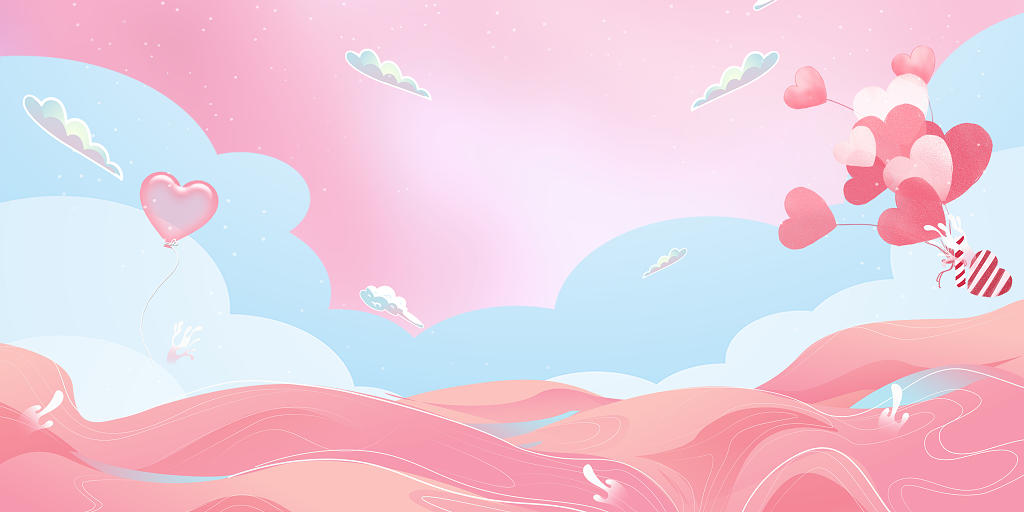 214情人节蓝粉色水彩爱心气球唯美手绘风展板背景