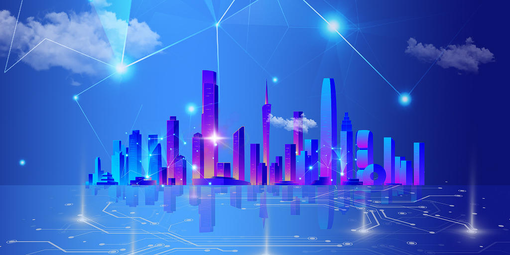 未来科技蓝色科技感科技城市商务人物剪影科技时代展板背景