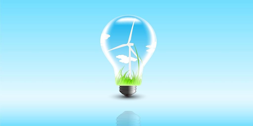 天蓝色渐变环保科技风力科技风车灯泡风电科技展板背景