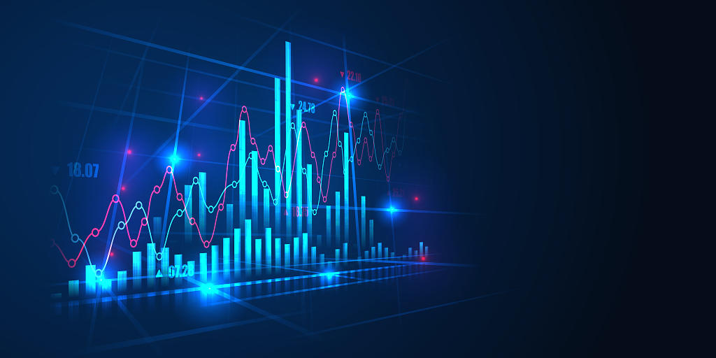 蓝色科技金融科技柱形图金融股票波形图展板背景
