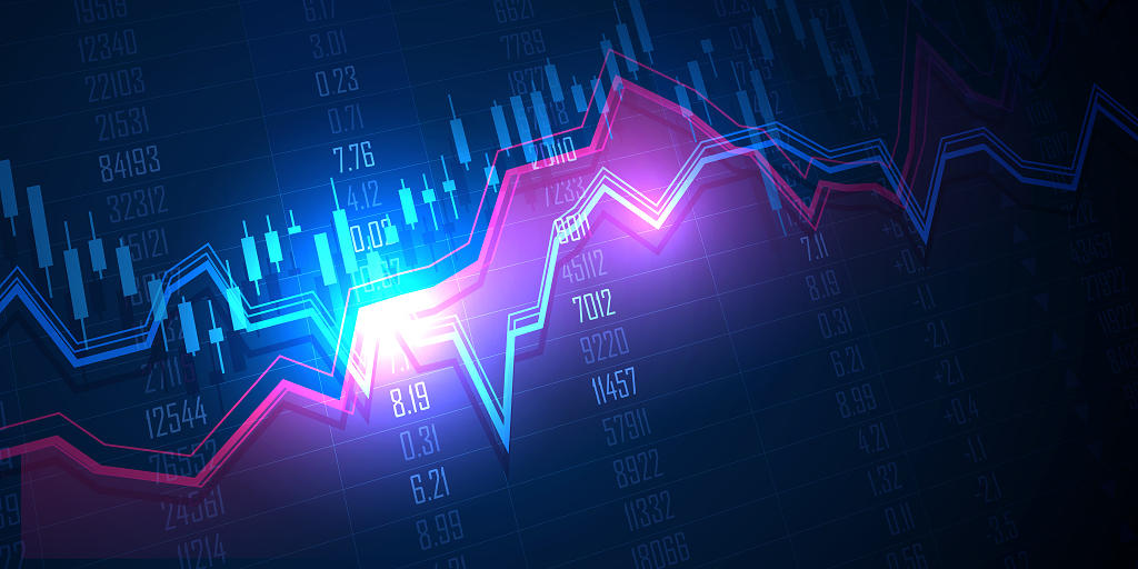 蓝色科技金融光效K线图线条科技股票数据矢量展板背景